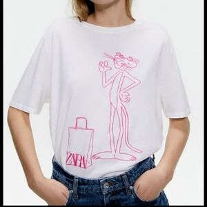 NWT Zara x Pink Panther Embroidered White T-Shirt